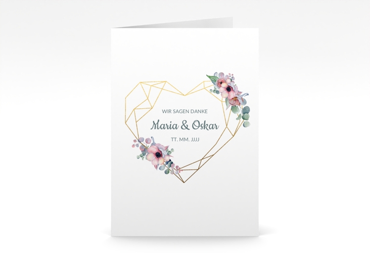 Dankeskarte Hochzeit Herzgold A6 Klappkarte hoch mit Gräsern und Trockenblumen für Boho-Hochzeit