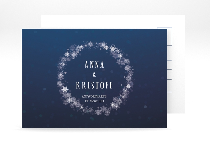 Antwortkarte Hochzeit Winterdream A6 Postkarte blau hochglanz mit Eisblumen