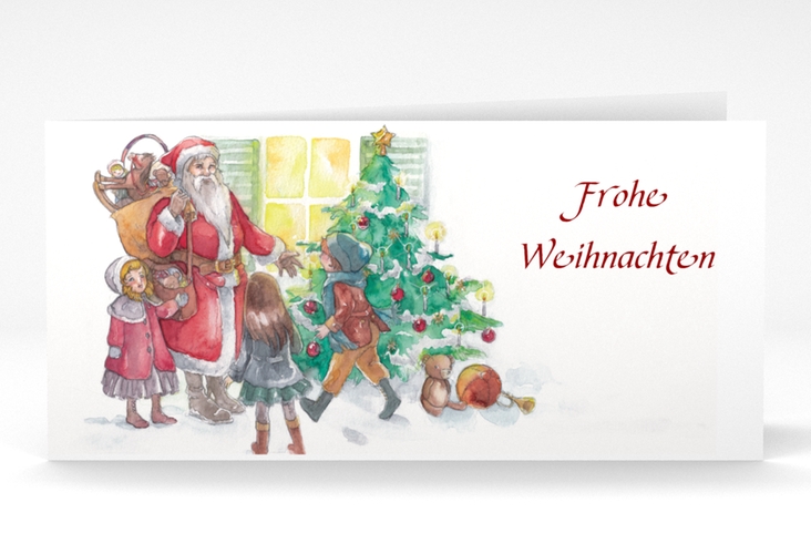Geschäftliche Weihnachtskarte Beschenken lange Klappkarte quer hochglanz mit Aquarell-Illustration von Weihnachtsmann und Kindern