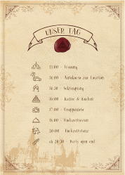 Klick: Details zu Tagesablauf Poster Hochzeit "Zauberkunst" anzeigen Tagesablauf Poster Hochzeit Zauberkunst 50 x 70 cm Poster beige mit Fantasy-Wappen, Siegel und Zauberschule