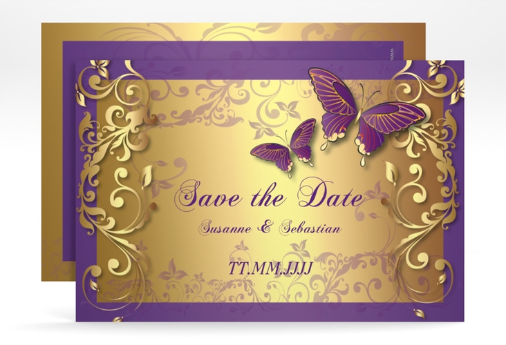 Save the Date-Karte Hochzeit Toulouse A6 Karte quer lila hochglanz romantisch mit Schmetterlingen