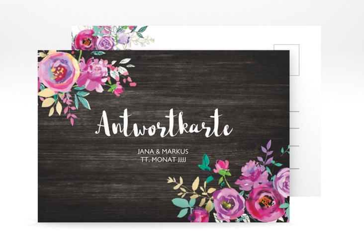 Antwortkarte Hochzeit Flourish A6 Postkarte schwarz hochglanz mit floraler Bauernmalerei auf Holz