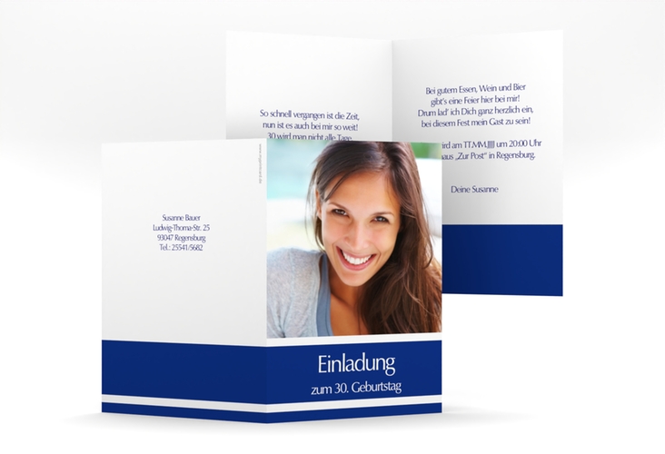 Einladung 30. Geburtstag Gerd/Gerda A6 Klappkarte hoch blau mit Foto