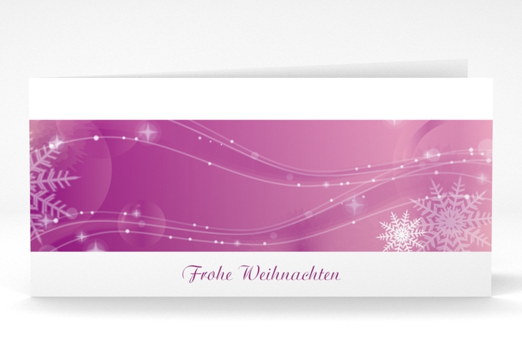 Business-Weihnachtskarte Schneehauch lange Klappkarte quer pink hochglanz mit Eisblume und Farbverlauf