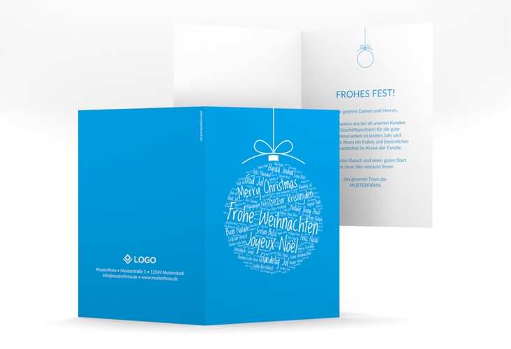 Business-Weihnachtskarte Wunderkugel A6 Klappkarte hoch blau hochglanz schlicht mit Christbaumkugel