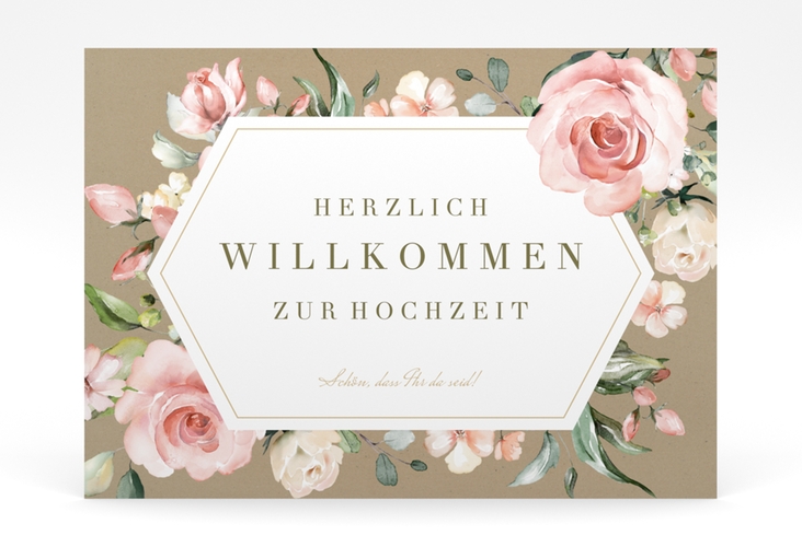 Willkommensschild Poster Graceful 70 x 50 cm Poster Kraftpapier mit Rosenblüten in Rosa und Weiß