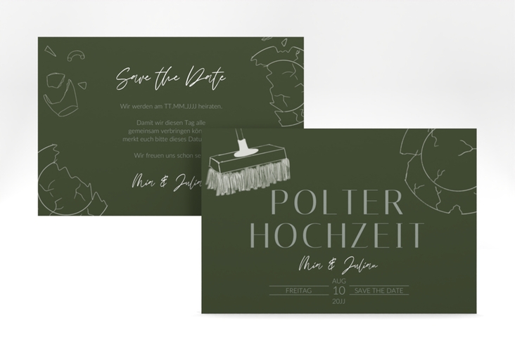 Save the Date-Karte Polterhochzeit A6 Karte quer gruen mit Besen und kaputtem Porzellanteller