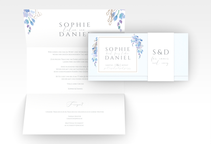 Hochzeitseinladung Blauregen Wickelfalzkarte + Banderole hochglanz mit Wisteria-Blüten