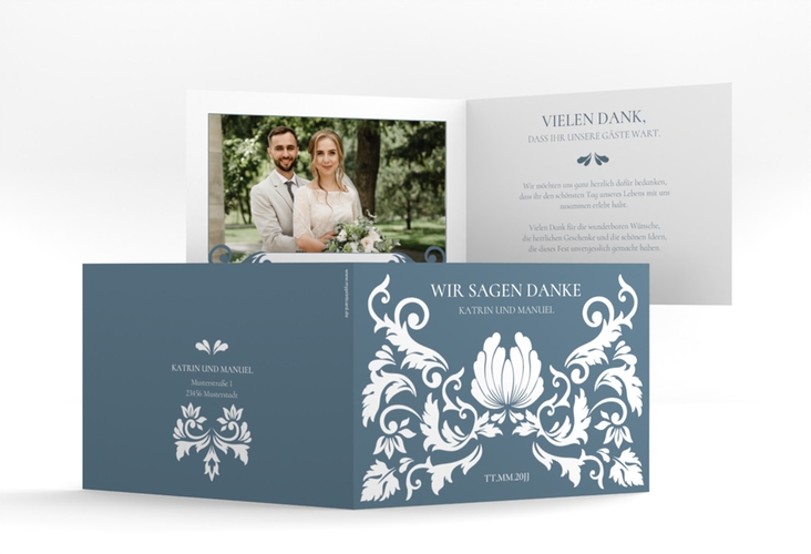 Danksagungskarte Hochzeit Royal A6 Klappkarte quer mit barockem Blumen-Ornament