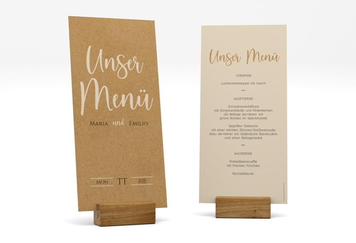 Menükarte Hochzeit Noble lange Karte hoch Kraftpapier mit elegantem Schriftzug