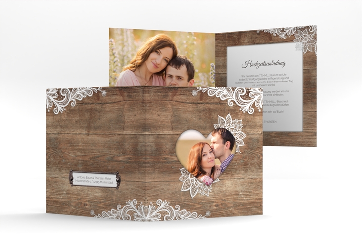 Hochzeitseinladung Spitze quadr. Klappkarte braun hochglanz