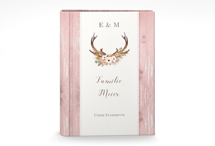 Stammbuch A5 Heimatjuwel Stammbuch A5 rosa mit Hirschgeweih und Holz-Hintergrund