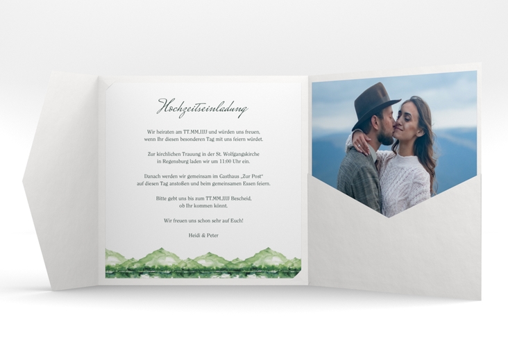 Hochzeitseinladung Bergliebe Pocketfold gruen mit Gebirgspanorama für Berghochzeit