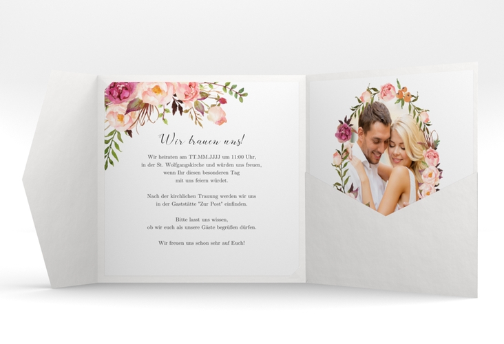 Hochzeitseinladung Flowers Pocketfold weiss mit bunten Aquarell-Blumen