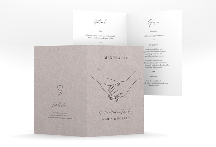 Menükarte Hochzeit Hands A5 Klappkarte hoch Kraftpapier mit sich haltenden Händen im Monoline-Stil