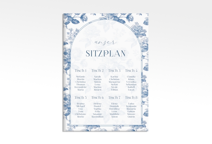 Sitzplan Leinwand Hochzeit Blue Floral 50 x 70 cm Leinwand weiss mit blauem Blumenmuster auf weißem Grund