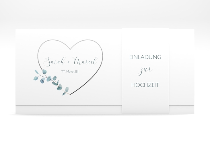 Hochzeitseinladung "Greenheart" Wickelfalzkarte + Banderole grau mit elegantem Herz und Eukalyptus-Zweig