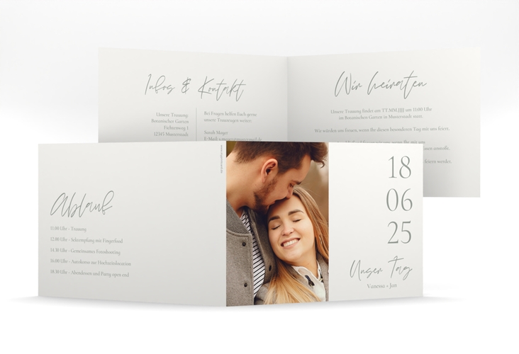 Hochzeitseinladung Day mittlere Klappkarte quer weiss hochglanz mit Datum im minimalistischen Design