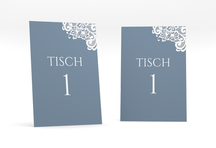 Tischnummer Hochzeit Vintage Tischaufsteller blau mit floraler Spitze