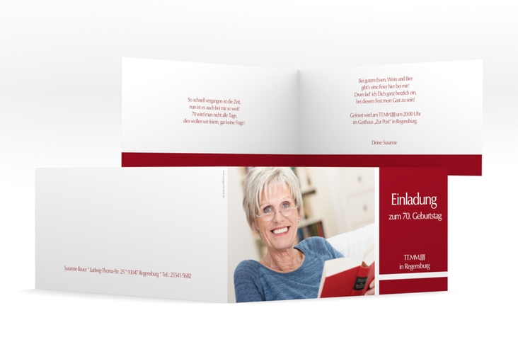 Einladung 70. Geburtstag Gerd/Gerda lange Klappkarte quer rot hochglanz mit Foto