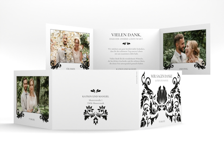 Danksagungskarte Royal A6 Doppel-Klappkarte weiss hochglanz mit barockem Blumen-Ornament