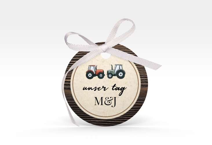 Geschenkanhänger Hochzeit Bauernhochzeit Geschenkanhänger, rund in rustikaler Holz-Optik mit Schleierkraut und zwei kleinen Traktoren