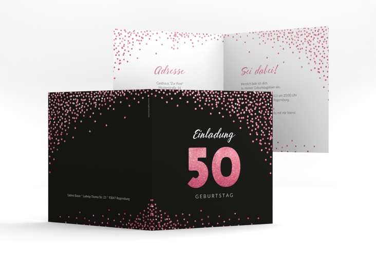 Einladung 50. Geburtstag Glitzer quadr. Klappkarte pink