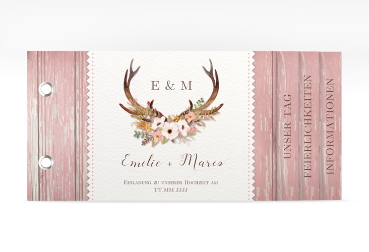 Hochzeitseinladung Heimatjuwel Booklet rosa hochglanz mit Hirschgeweih und Holz-Hintergrund