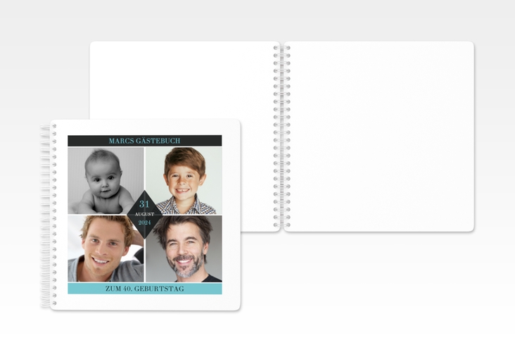 Gästebuch Geburtstag Rhombus Ringbindung tuerkis modern mit vier Fotos