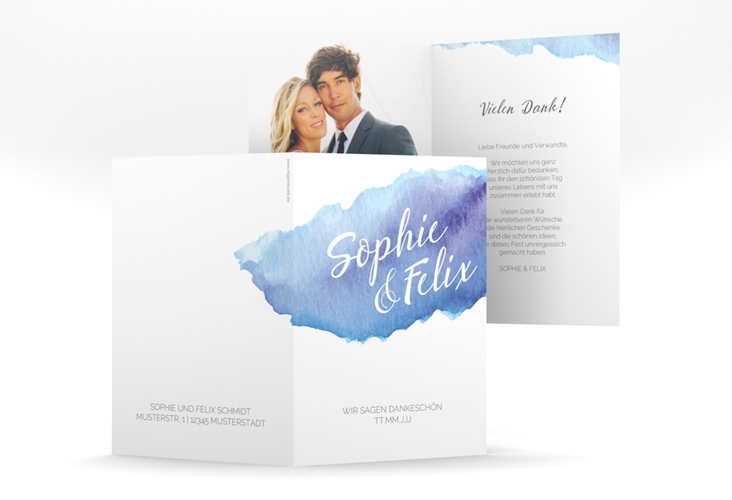Danksagungskarte Hochzeit Aquarella A6 Klappkarte hoch blau