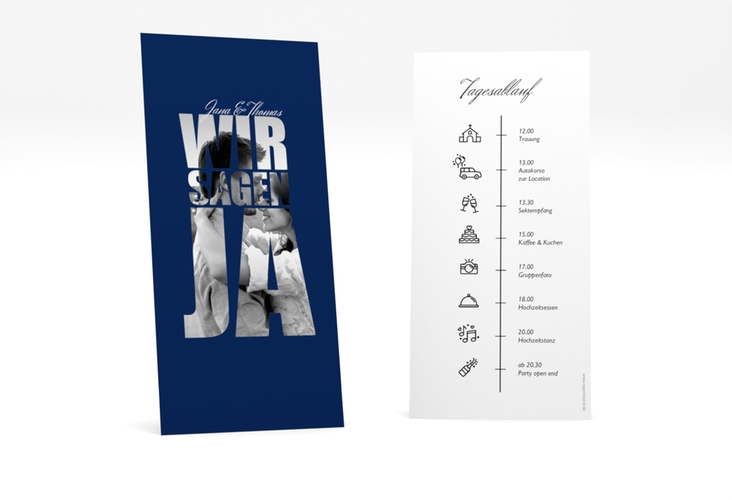 Tagesablauf Hochzeit Letters lange Karte hoch blau