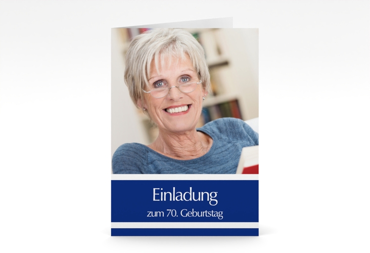 Einladung 70. Geburtstag Gerd/Gerda A6 Klappkarte hoch blau mit Foto