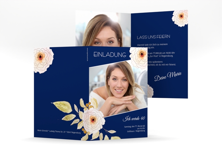 Einladung 40. Geburtstag Fleur A6 Klappkarte hoch blau