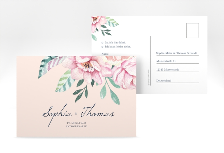 Antwortkarte Hochzeit Blooming A6 Postkarte rosa