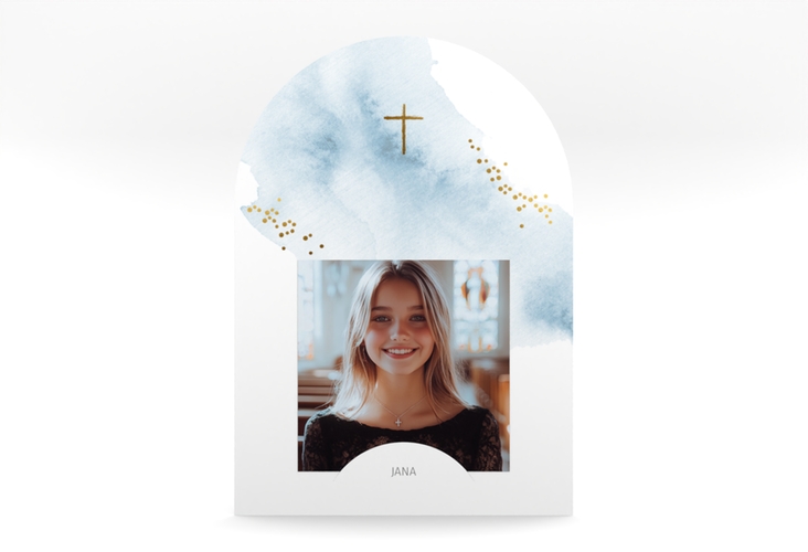 Danksagung Konfirmation Sacrament mittlere Bogen-Karte + Foto blau