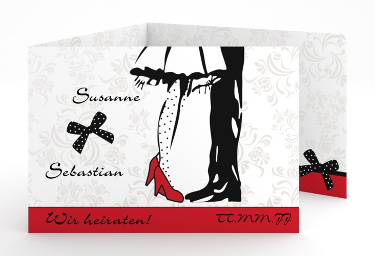 Hochzeitseinladung Straßburg A6 Doppel-Klappkarte rot mit Rockabilly-Brautpaar
