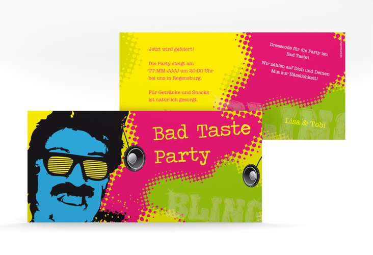 Einladungskarte Party Bad Taste lange Karte quer in schrillen Farben mit Schnauzbart-Träger