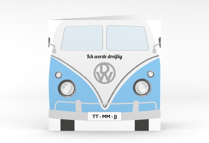 Einladung 30. Geburtstag Bulli Bus quadr. Klappkarte blau