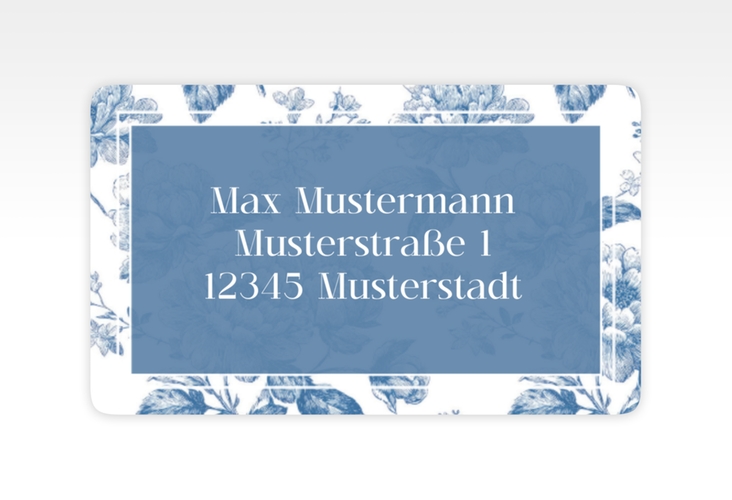 Empfängeretikett Hochzeit Blue Floral 63,5 x 38,1 mm blau mit blauem Blumenmuster auf weißem Grund