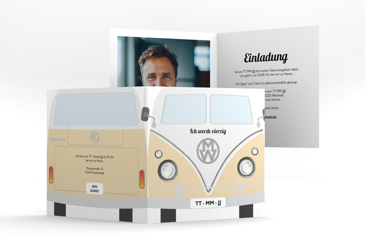 Einladung 40. Geburtstag Bulli Bus quadr. Klappkarte beige