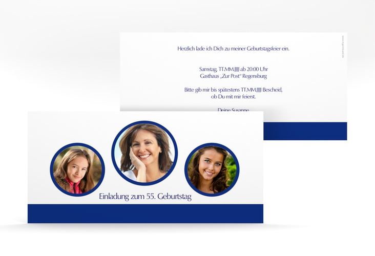 Einladung Geburtstag Anton/Antonia lange Karte quer blau schlicht mit Foto