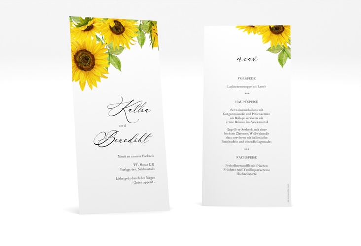 Menükarte Hochzeit Sonnenblume lange Karte hoch weiss hochglanz