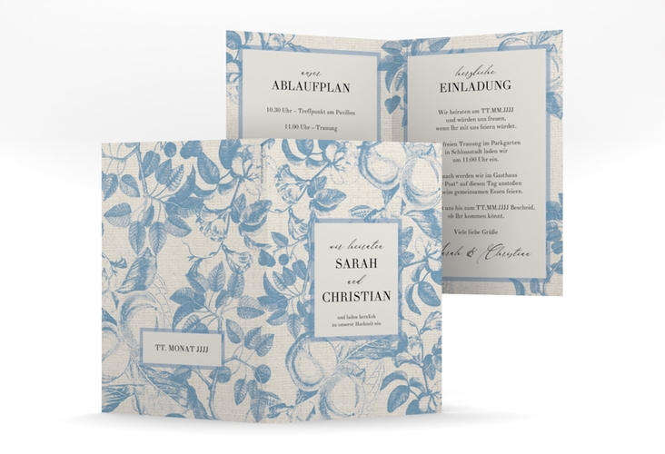 Einladungskarte Hochzeit Toile A6 Klappkarte hoch blau hochglanz mit Blättermuster im Toile-de-Jouy-Stil