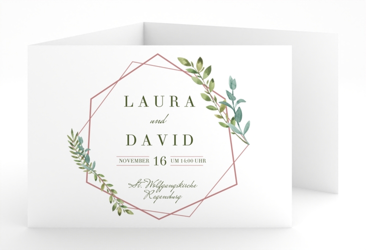 Hochzeitseinladung Herbarium A6 Doppel-Klappkarte rosa mit geometrischem Rahmen und Blätter-Dekor