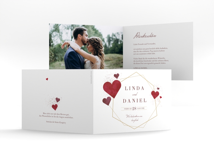 Danksagungskarte Hochzeit Herzlich A6 Klappkarte quer mit Goldrahmen und roten Herzen