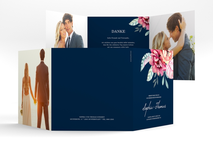 Dankeskarte Hochzeit "Blooming" quadr. Doppel-Klappkarte blau