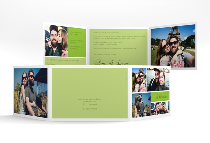 Hochzeitseinladung Collage A6 Doppel-Klappkarte gruen