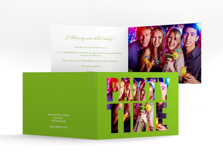 Partyeinladung Partytime A6 Klappkarte quer gruen mit Foto