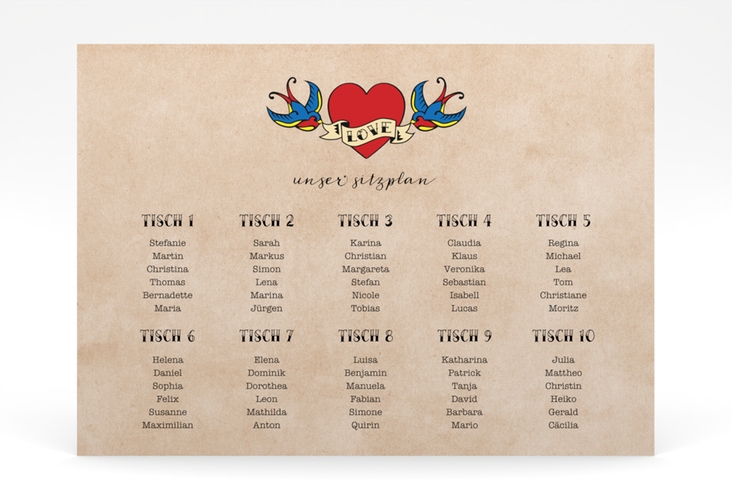 Sitzplan Poster Hochzeit Tattoo 70 x 50 cm Poster mit Herz und zwei Schwalben