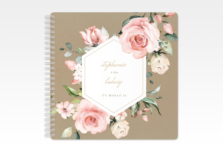 Gästebuch Hochzeit Graceful Ringbindung Kraftpapier mit Rosenblüten in Rosa und Weiß